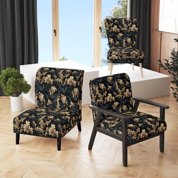 Designart "Blossoms Of Black And Gold In A Damask Pattern III" Black Damask Upholstered Accent Chair - Bohemian & Eclectic Arm Chair For Living Room