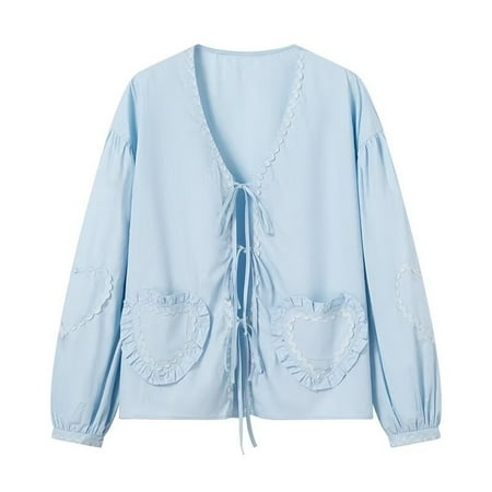 mihongmao Corset Tops for Women Women s Fashion Summer V-Neck Long Sleeve Solid Color Casual T-Shirt Blouse Tops Womens Tops Clearance under $5 Blue M