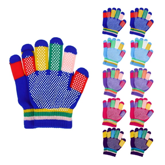 TELOLY 12 Pairs Kids Gloves with Grip for Cold Weather Printing Full Finger Rainbow Bulk Miss