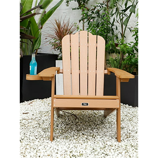 Oversized Folding Adirondack Chair with Cup Holder, Fade-Resistant Lounge Chair, 380lbs Capacity, All-Weather Chair for Lawn Outdoor Patio Deck Garden Porch Lawn, Brown