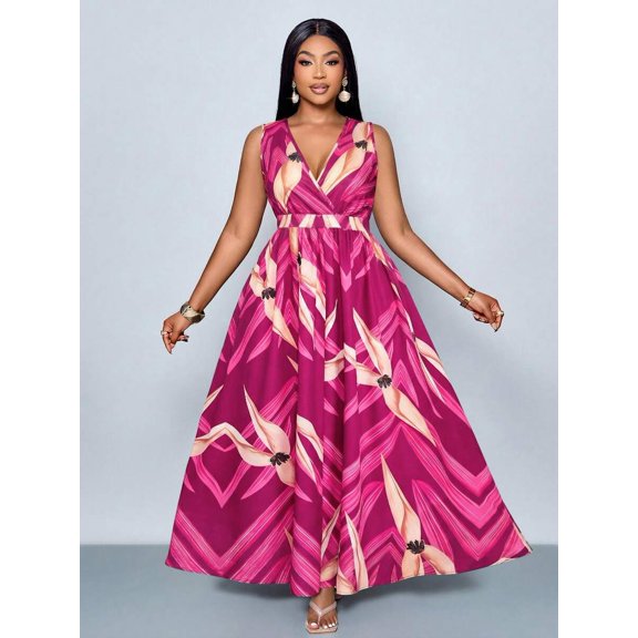Hot Pink Plus Size Sleeveless Floral Wrap Maxi Dress With Elasticated Waist For Summer Vacations And Everyday Wear