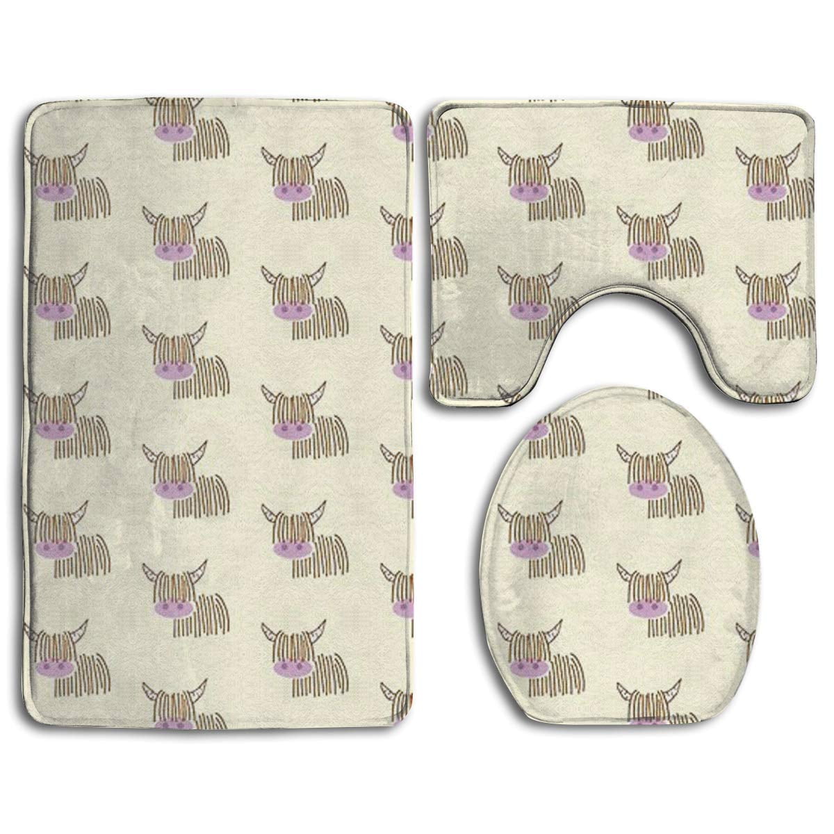 CHAPLLE Highland Cow Cream 3 Piece Bathroom Rugs Set Bath Rug Contour