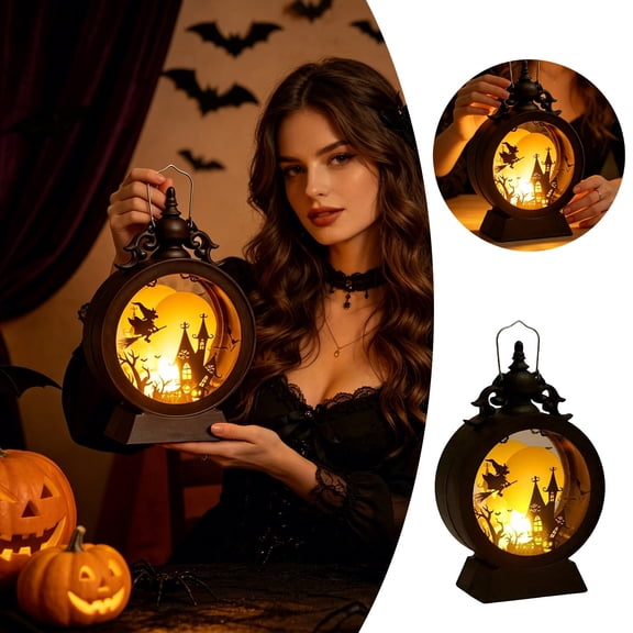 YYDENG Spooky Decor Glass Witch Lantern Hanging Ornament with LED Light A