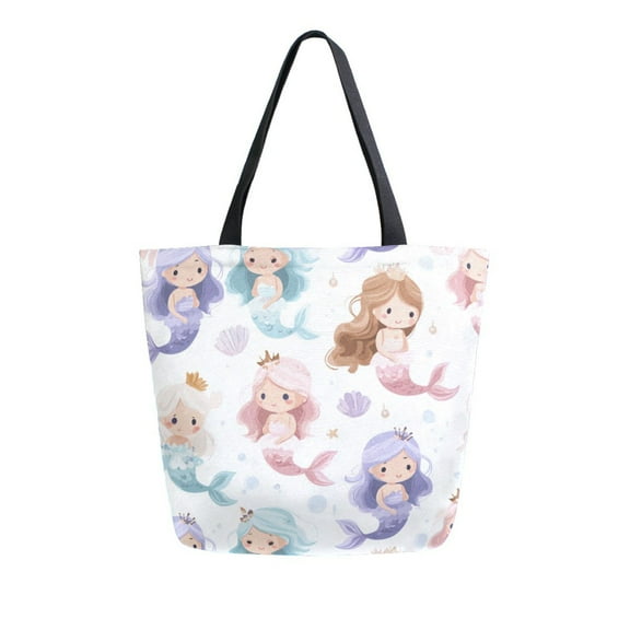 Open Top Canvas Tote Bag with Zipper Reusable Shopping Bag 13.5x15" Roomy Carryall Cartoon Mermaids