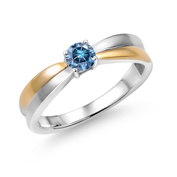 Gem Stone King 925 Silver and 10K Yellow Gold Persian Blue Moissanite Solitaire Engagement Ring for Women (0.23 Cttw, Round 4MM, Gemstone Birthstone, Available in Size 5, 6, 7, 8, 9)