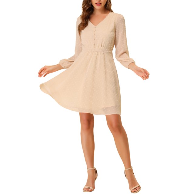 INSPIRE CHIC Robe en Chiffon Unie Mignonne Col en V Manches Mi-Longues Fluide m Abricot