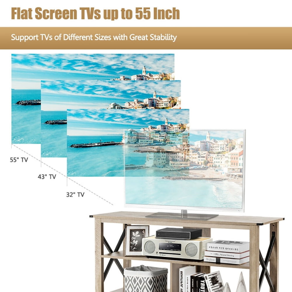Finihen TV Stand, TV Cabinet, 3 Tier Wood TV Stand for 55-Inch with Open Shelves and X-Shaped Frame, Media Entertainment Center with Storage, for Living Room, Bedroom, Gray