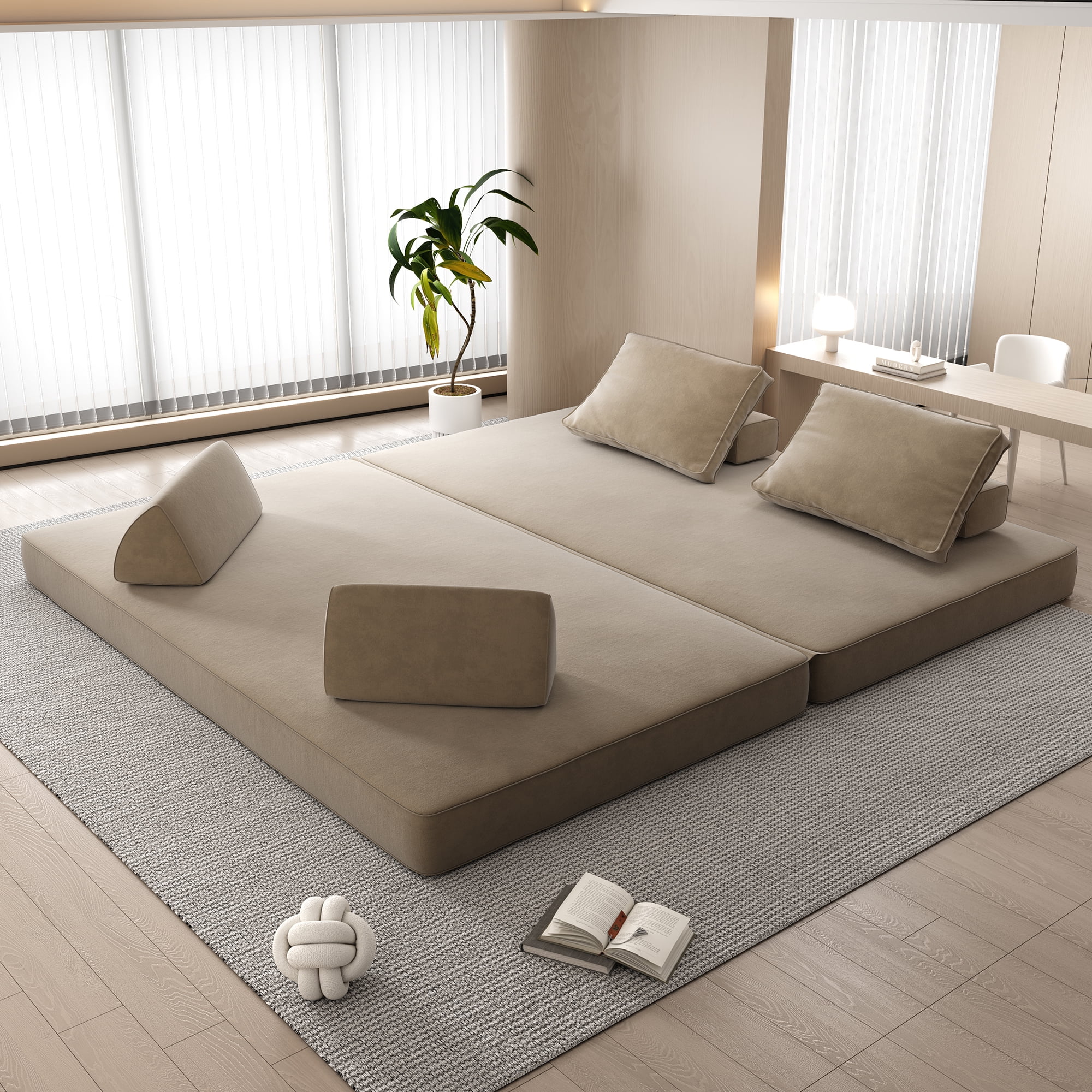 Miniyam Convertible Modular Floor Sofa Bed, Chenille Floor Couch with Backrest for Living Room, Camel