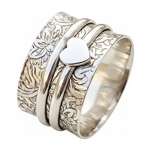Handmade 925 Sterling Silver Heart Spinner Ring, Floral Engraved Wide Band, Fidget Jewelry