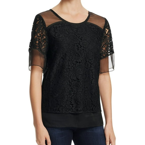 Finity Womens Sheer Lace Pullover Blouse, Black, 10