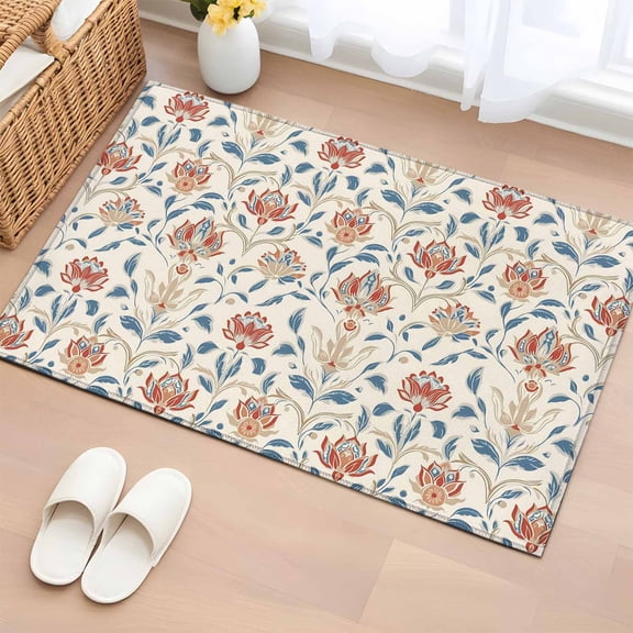 Boho Floral Bathroom Rug Washable 2x3 Entryway Rug Non Slip Modern Watercolor Red Blue Flower Plant Front Door Mat Low Pile Indoor Doormat Throw Floor Carpet for Kitchen Bedroom Entrance