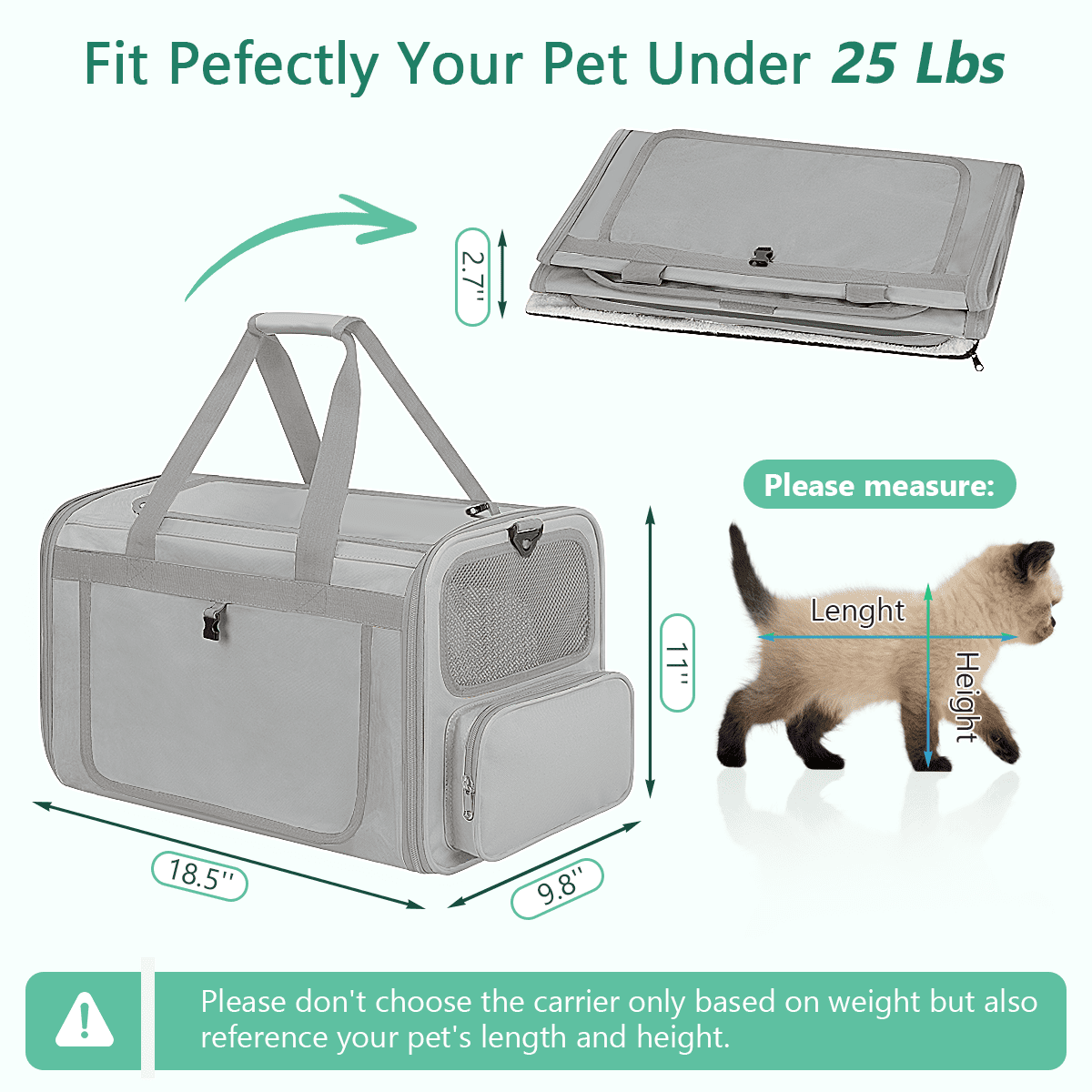 CshidWorld Collapsible Cat Carrier Pet Carrier for Large Cats (up to 25lbs), TSA Airline Approved Cats Carrier Soft Sided, Small Dog Travel Bag with a Bowl/Safety Leash-Gray