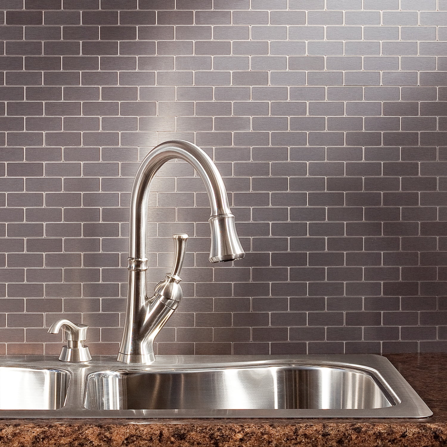 Aspect Peel and Stick Backsplash 12inx4in Subway Stainless Matted Metal Tile 15 Sq Ft Kit for Kitchen and Bathrooms