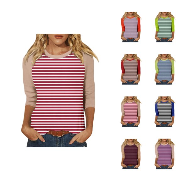 3/4 Length Sleeve Womens Tops 2026 Spring Trendy Casual Striped Color Block Crewneck Tshirt Womens Blouses
