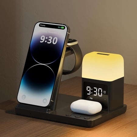 Wireless Charging Station Alarm Clock with 8 Touch Night Lights: 5 in 1 Charger Stand for Apple Devices, Charging Dock for iPhone 17 16 15 14 13 12 Pro Max Plus/Apple Watch/AirPods, Dimmable
