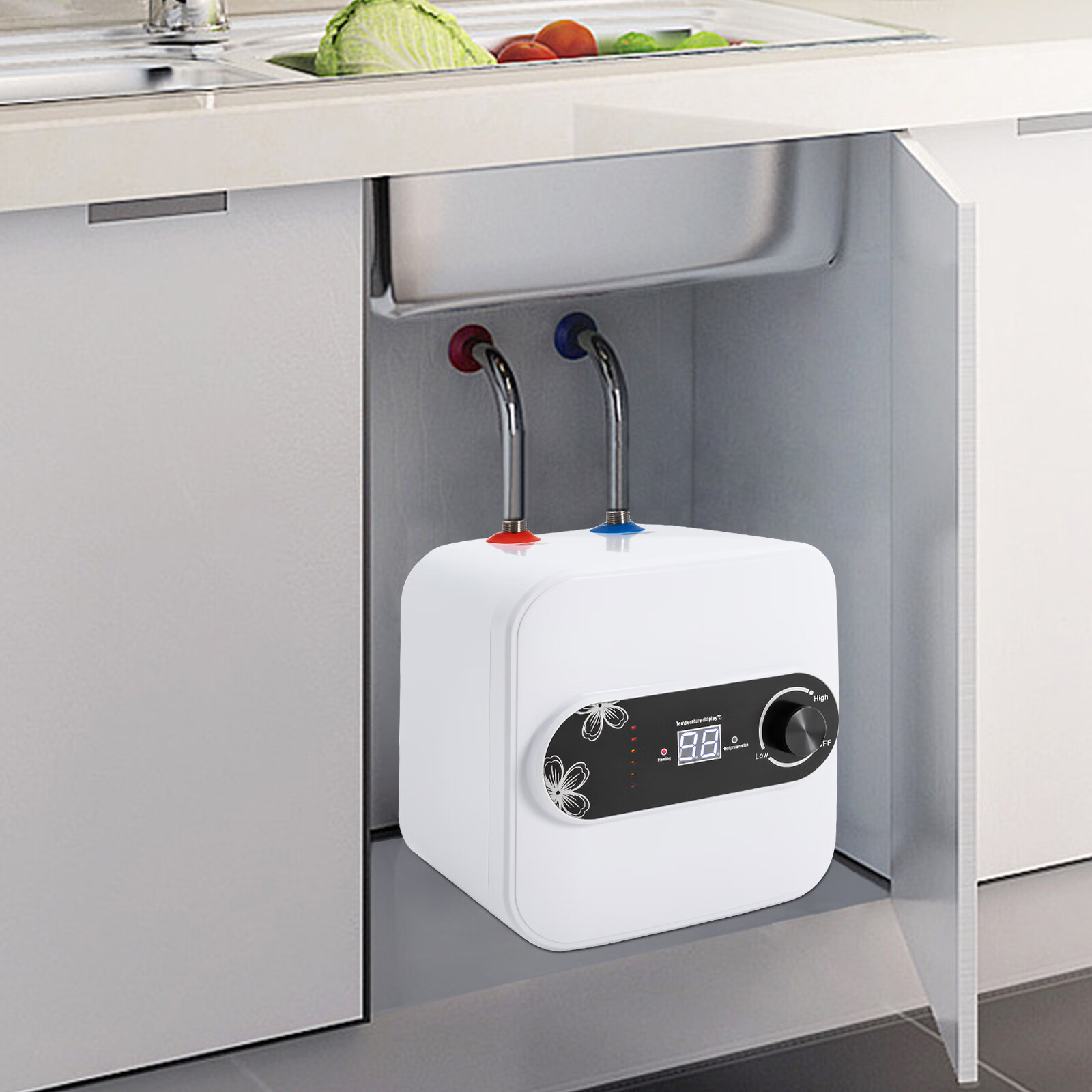 Aiqidi 1500W 110V LCD Electric Water Heater 8L Vertical Mini-Tank Instant Hot Water Boiler White for RV Kitchen Bathroom Under Sink Counter Cupboard IPX4 30-65°C