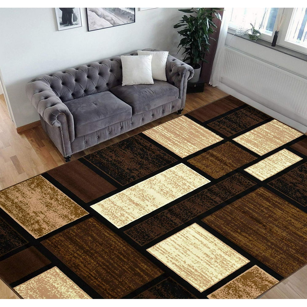 HR Square Pattern Area Rug 5x7 Geometric Pattern Modern Black & Grey