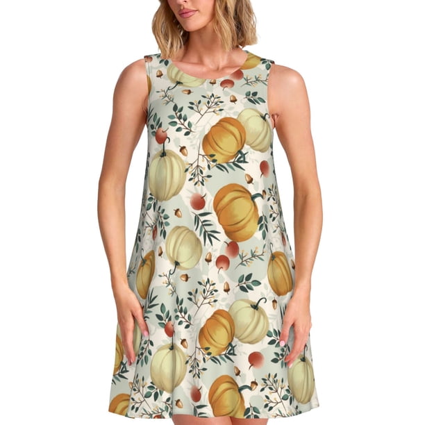 Easygdp Autumn Pumpkins Leaves para Vestido Transpirable de Mujer, Vestido Suelto de Manga Corta con Pliegues y Bolsillos para el Verano