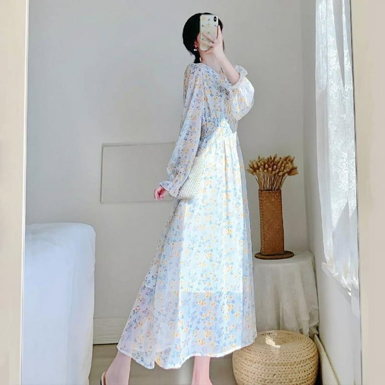 DanceeMangoo Elegant Print Chiffon Dress Women Casual Short Sleeve V Neck Midi Dress Korean Fashion Waist Tight A line Vestidos