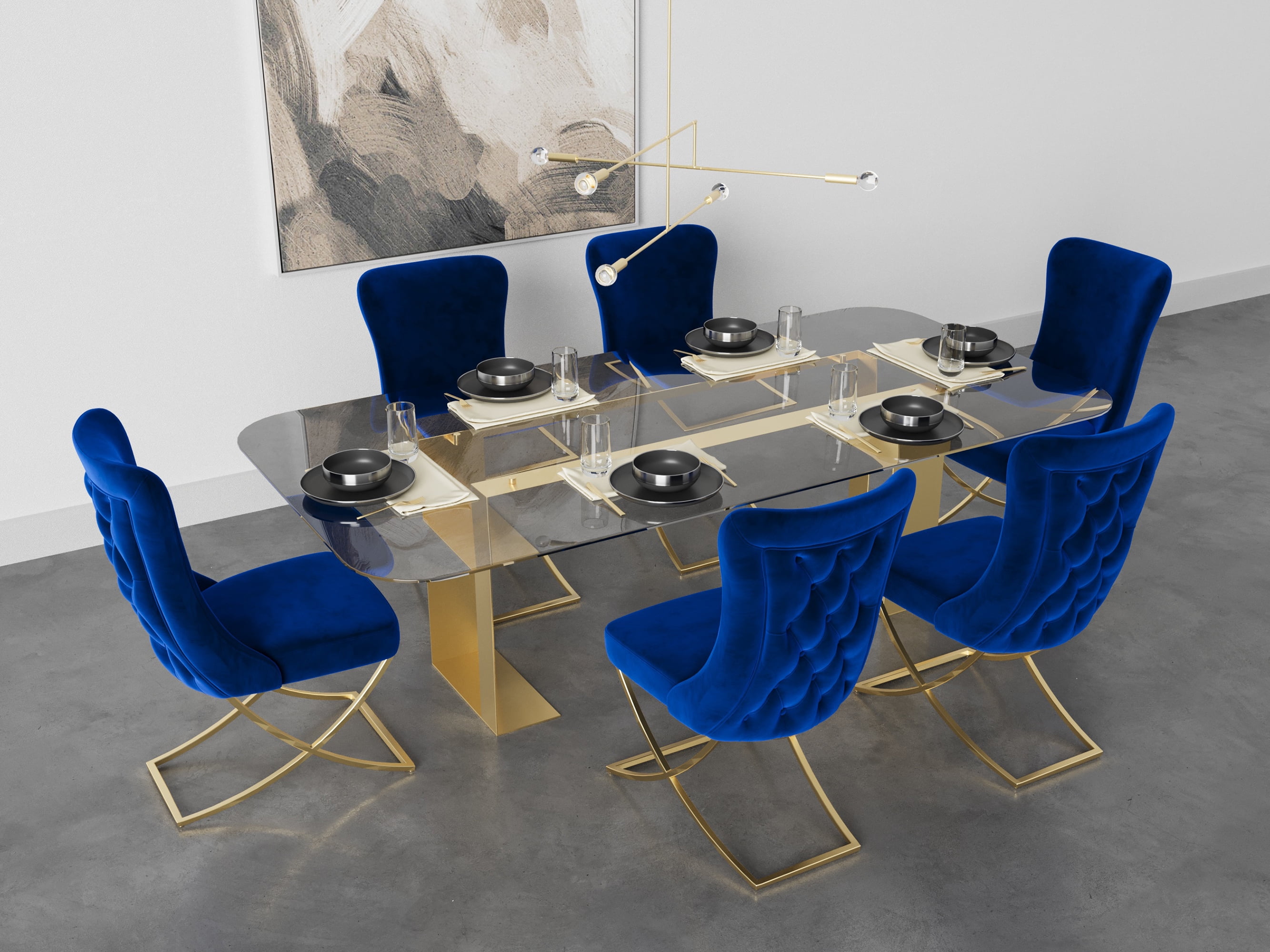 Ottomanson Imperial Upholstered Modern Gold Legged Dining Chair, Set of 2, Blue
