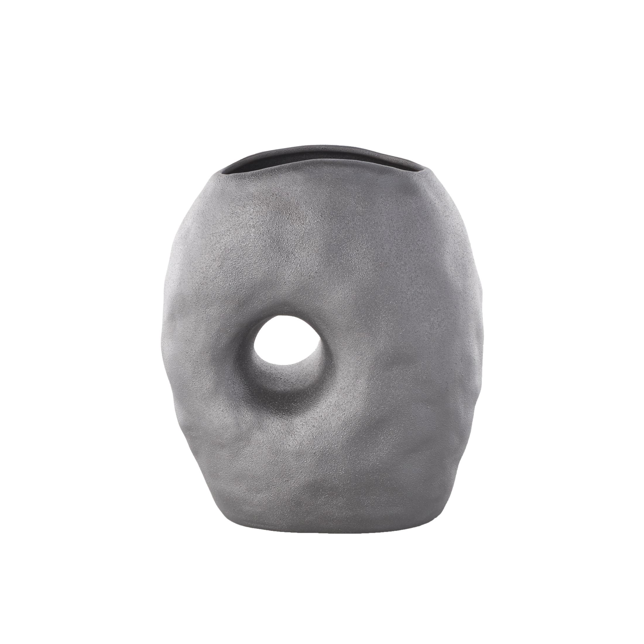 DecMode 12" Abstract Wavy Donut Gray Ceramic Vase with Cutout Center