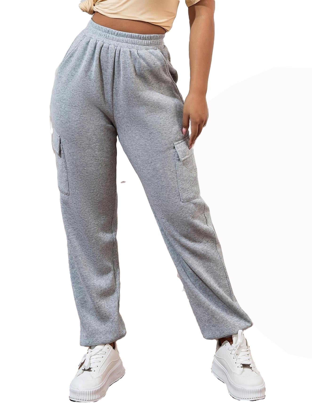 Womens Casual Pants Elastic Waist Solid Sweatpants Grey XL