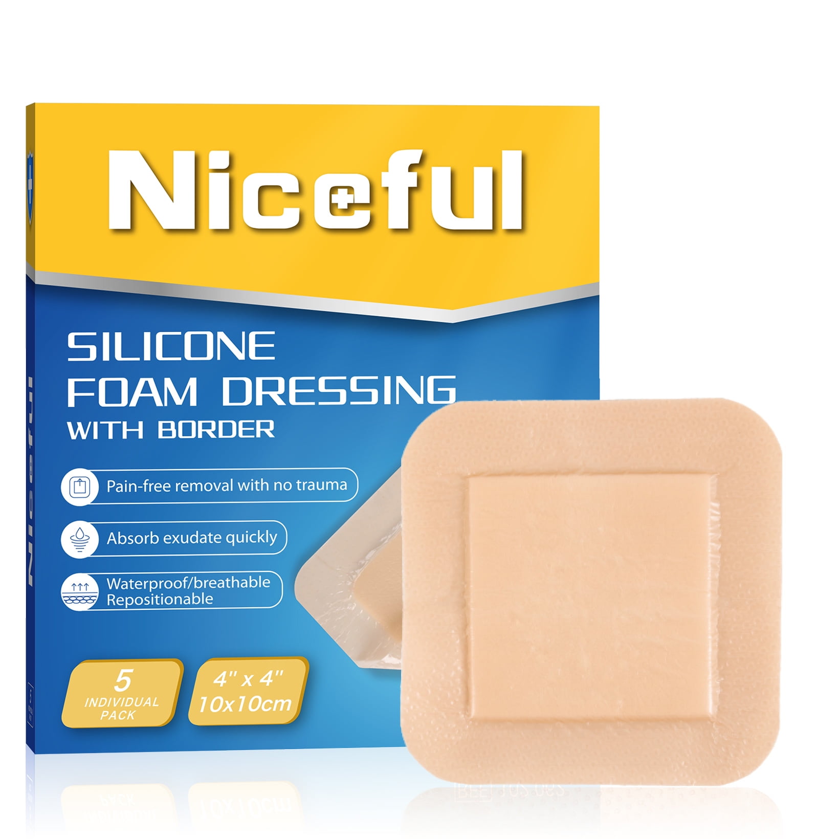 Niceful Silicone Foam Dressing 4"x4", Waterproof Foam Bandages for