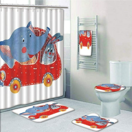 PRTAU Watercolor Sketch of Young Blushed Elephant Hare in Small Car Best Friend Travel 5 Piece Bathroom Set Shower Curtain Bath Towel Bath Rug Contour Mat and Toilet Lid (Best Car For Small Person)