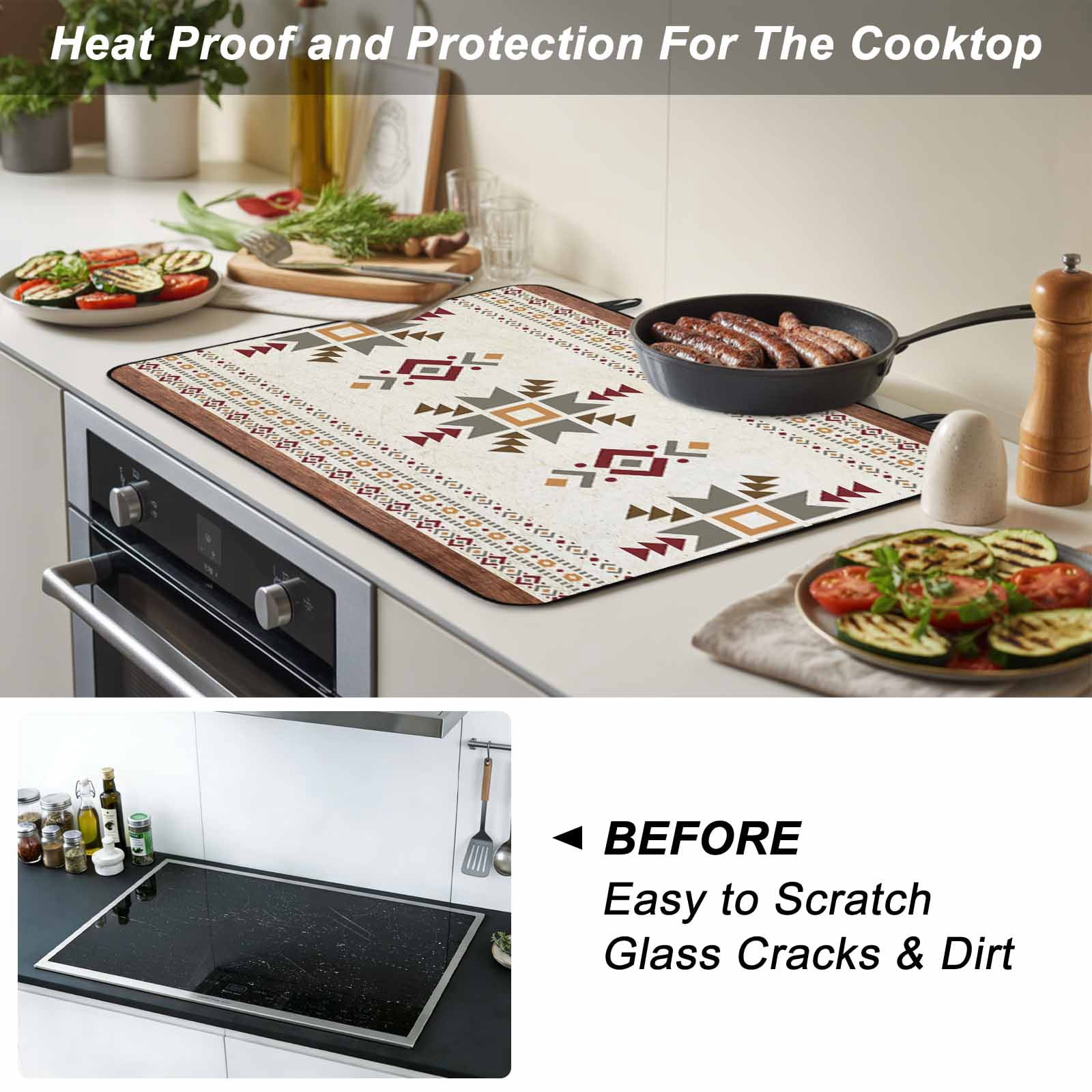 Boho Geometric Stove Top Cover for Electric Stove, Heat-proof & Non Slip Glass Top Stove Cover Protector, Modern Brown Abstract Art Western Southwest Kitchen Flat Cooktop Rubber Mat 24x21 Inches