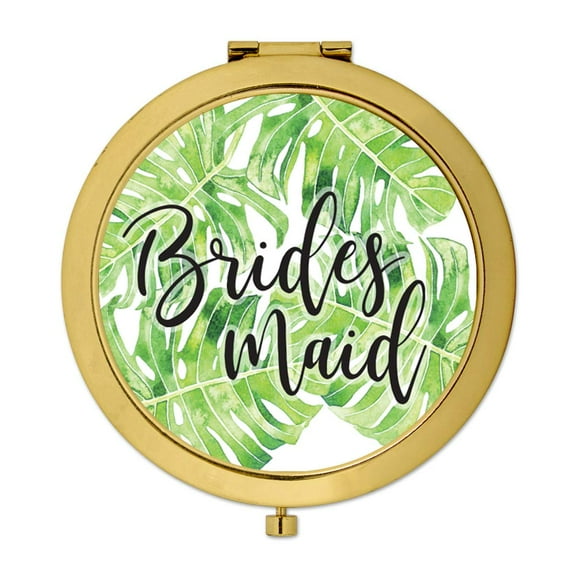 Koyal Wholesale Compact Mirror Bridesmaid Wedding Gift, Gold, Tropical Monstera Palm Leaves, 1-Pack