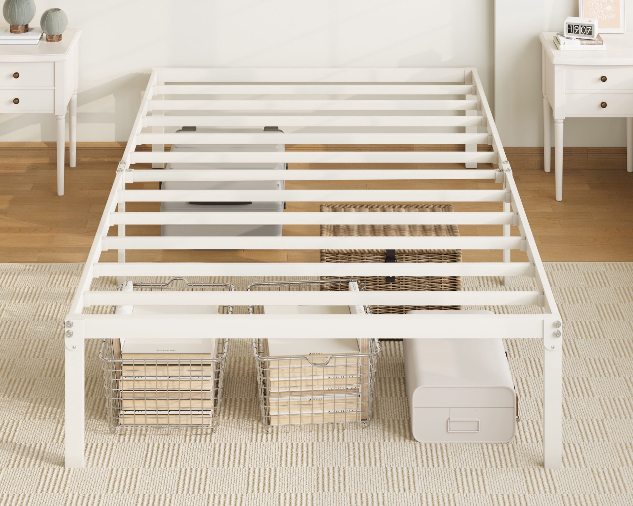 Allewie Twin Bed Frame, 14 inch Metal Platform Beds with Storage Space, No Box Spring Needed and Easy Assembly, White
