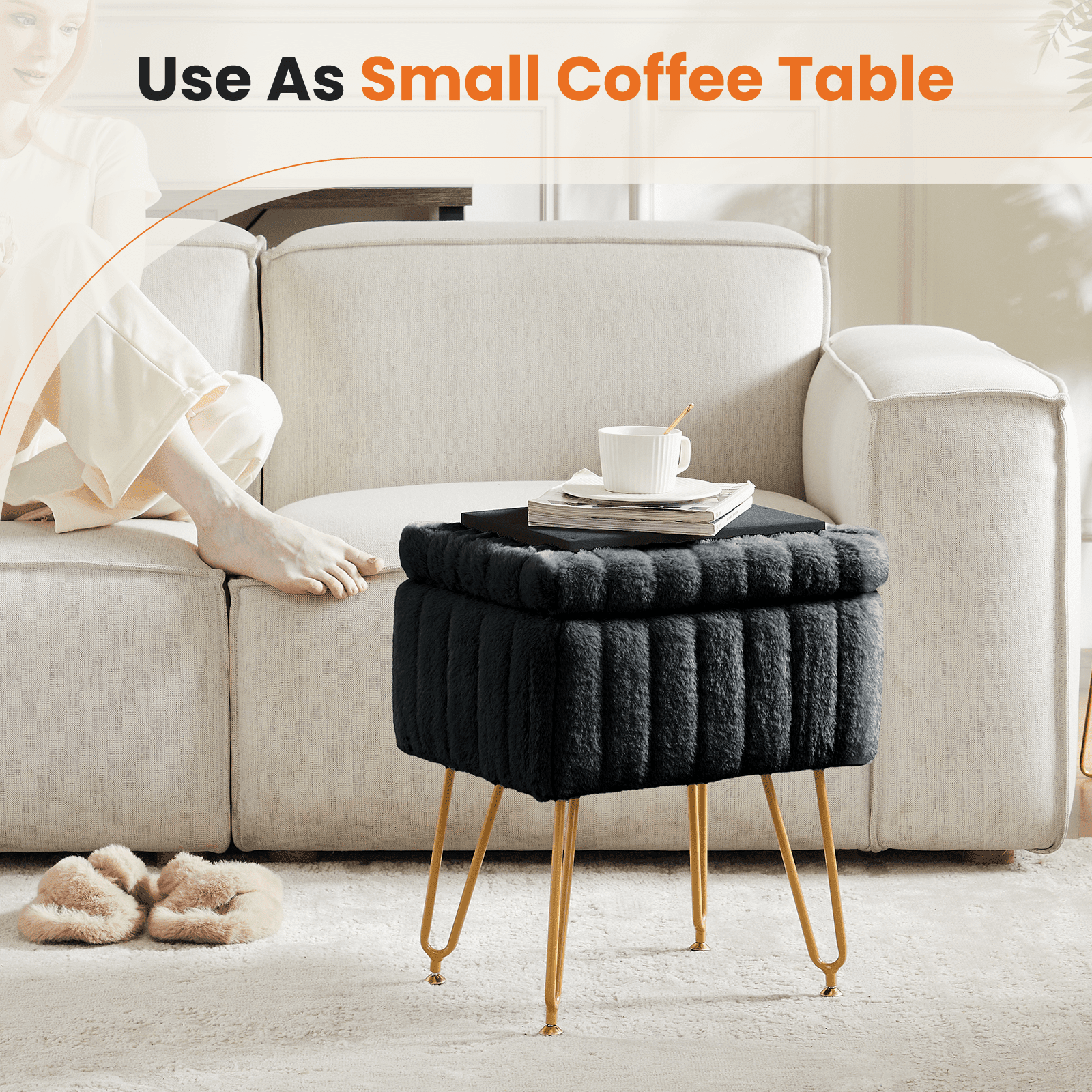 CONCETTA Storage Ottoman Bench, Faux Fur Vanity Footstool with Hidden Storage, Padded Seat & Adjustable Feet for Bedroom, Makeup Room, Entryway，Black