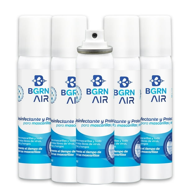 BGrn Air, Protector y Desinfectante para Cubrebocas y ropa, Aerosol 100ml. Set 5 Piezas BGrn Shield BGrn Air / Protector y Desinfectante para Cubrebocas y Ropa / Set 05 Piezas 100ml