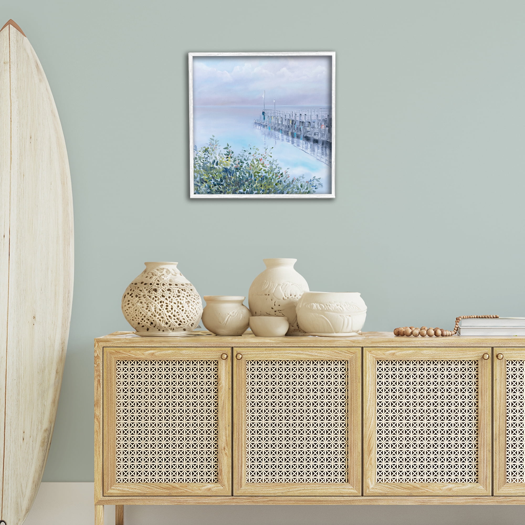 Stupell Industries Foggy Harbor Dock Landscape Painting White Framed Art Print Wall Art, 24 x 24