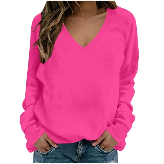 VEKDONE Womens Raglan Long Sleeve Sweatshirt Solid Color V Neck Loose Fit Pullover Top Casual Lightweight Comfy Solid Color Sweatshirts Hot Pink XXXL
