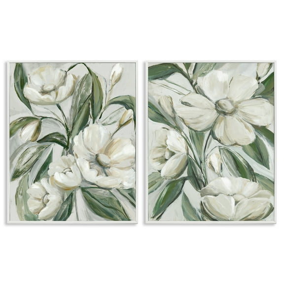 Stupell Industries White Blossoms & Leaves Plants & Flowers Painting White Framed Art Print Wall Art, 24 x 30, Set of 2