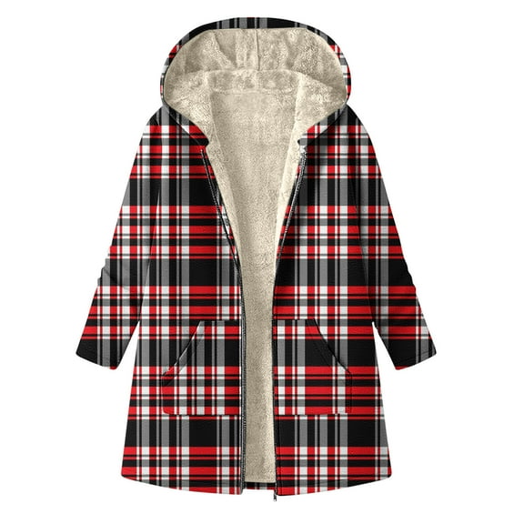 Women's Plaid Shacket Jacket, Fleece Lined Hooded Coat, Windbreaker Quilted Puffer Coat, Winter Snow Warm Overcoat Casual Long Sleeve Outwear