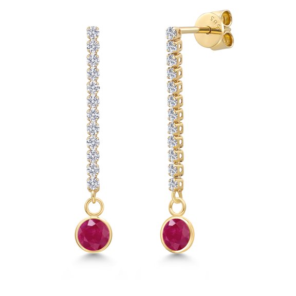 Gem Stone King 14K Yellow Gold Red Ruby and Lab Grown Diamond Earrings for Women | 1.46 Cttw | Gemstone July Birthstone | Round 5MM