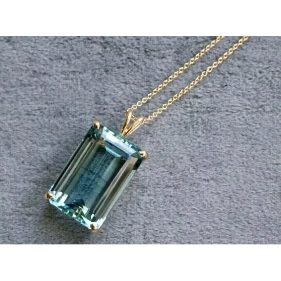 14K Yellow Gold Plated 4.25Ct Emerald Cut Lab Created Aquamarine Women's Pendant