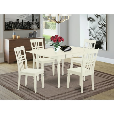 HomeStock Classic Charm 5 Pieces Dining Table Set - Heavy Duty Two 9-Inch Drop Down Leaves Hardwood Dining Table And 4 Real Wood Seat Kitchen Chairs, Linen White Finish