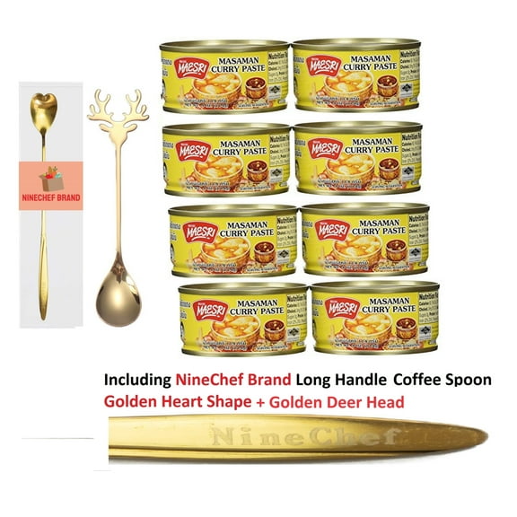 NineChef Bundle - Maesri Thai Masaman Curry Paste - 4 Oz (Pack of 8)   2 NineChef Brand Spoon (Golden heart and Deer Head)