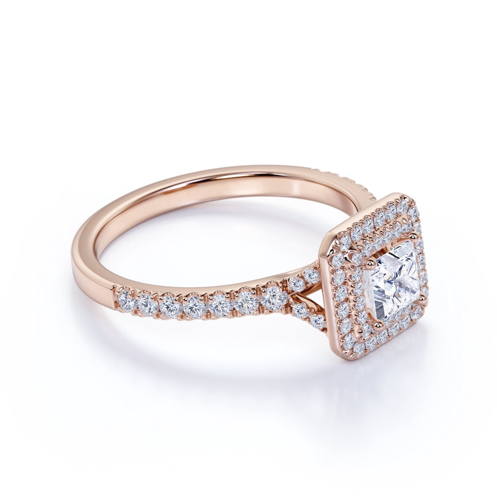 JeenMata Stunning 1 Carat Princess Cut Moissanite - Pave Set - Split Shank - Double Halo Engagement Ring in 18K Rose Gold over Silver