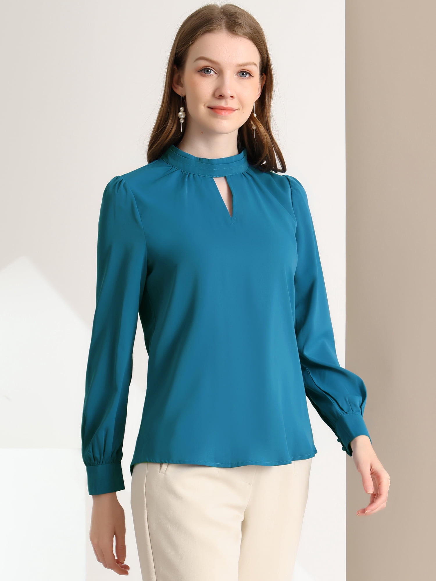 DARING DIVA Women's Stand Collar Long Sleeve Office Blouse XL Peacock Blue