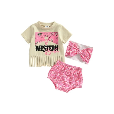 

Licupiee Western Infant Baby Girl Outfits Boho Cow Short Sleeve Tassels T-Shirt Top Shorts Headband Set 3Pcs Summer Outfits