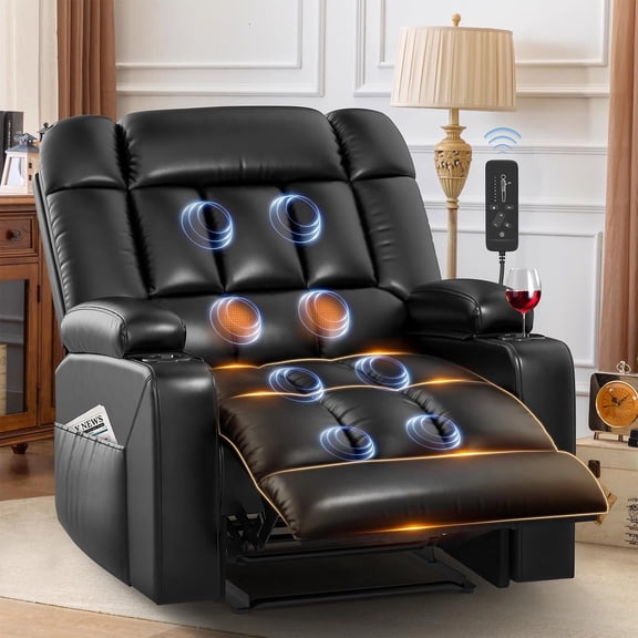 LOBERFVE Oversized Recliner Chair with Massage Heat, Reclining Chair with Storage Armrests, Side Pockets, Cup Holders Extended Footrest, Faux Leather Manual Recliners, Black