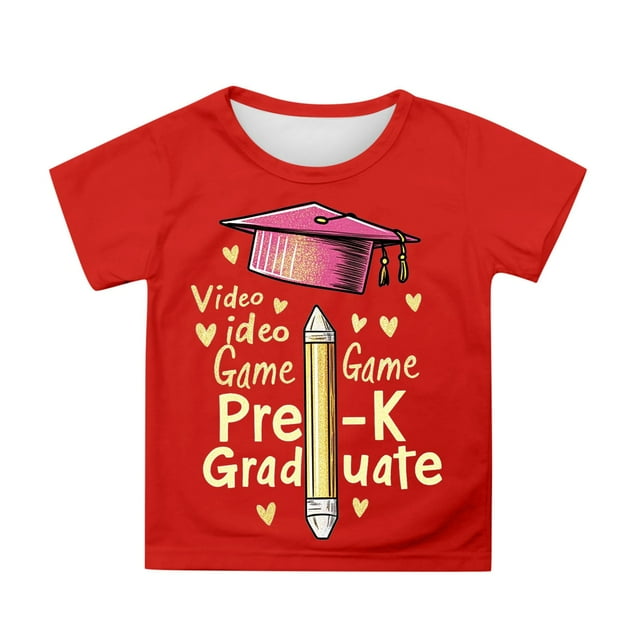 Toddler Girls Short Sleeve T Shirt With Cute Cartoon Print Crewneck Top Graduation Photo Tee For Kids Size 4-5T