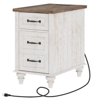 End Tables with Drawer & Cabinet, Antique White Side Table Nightstand with Charging Station for Living Room & Bedroom