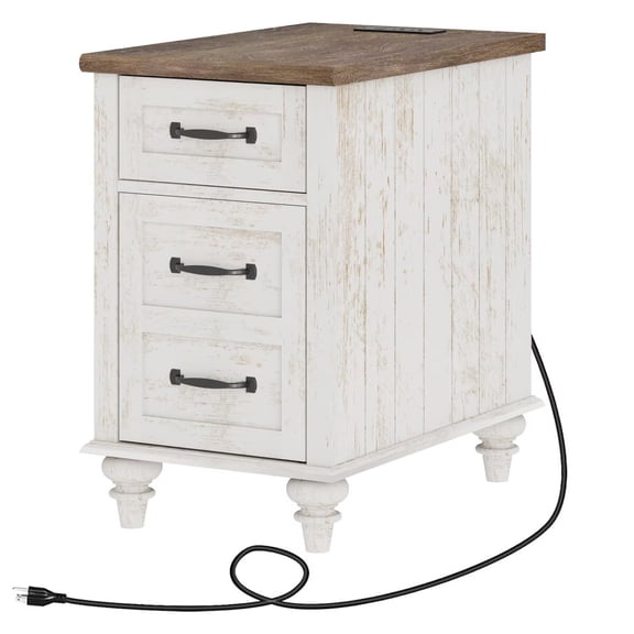 End Tables with Drawer & Cabinet, Antique White Side Table Nightstand with Charging Station for Living Room & Bedroom