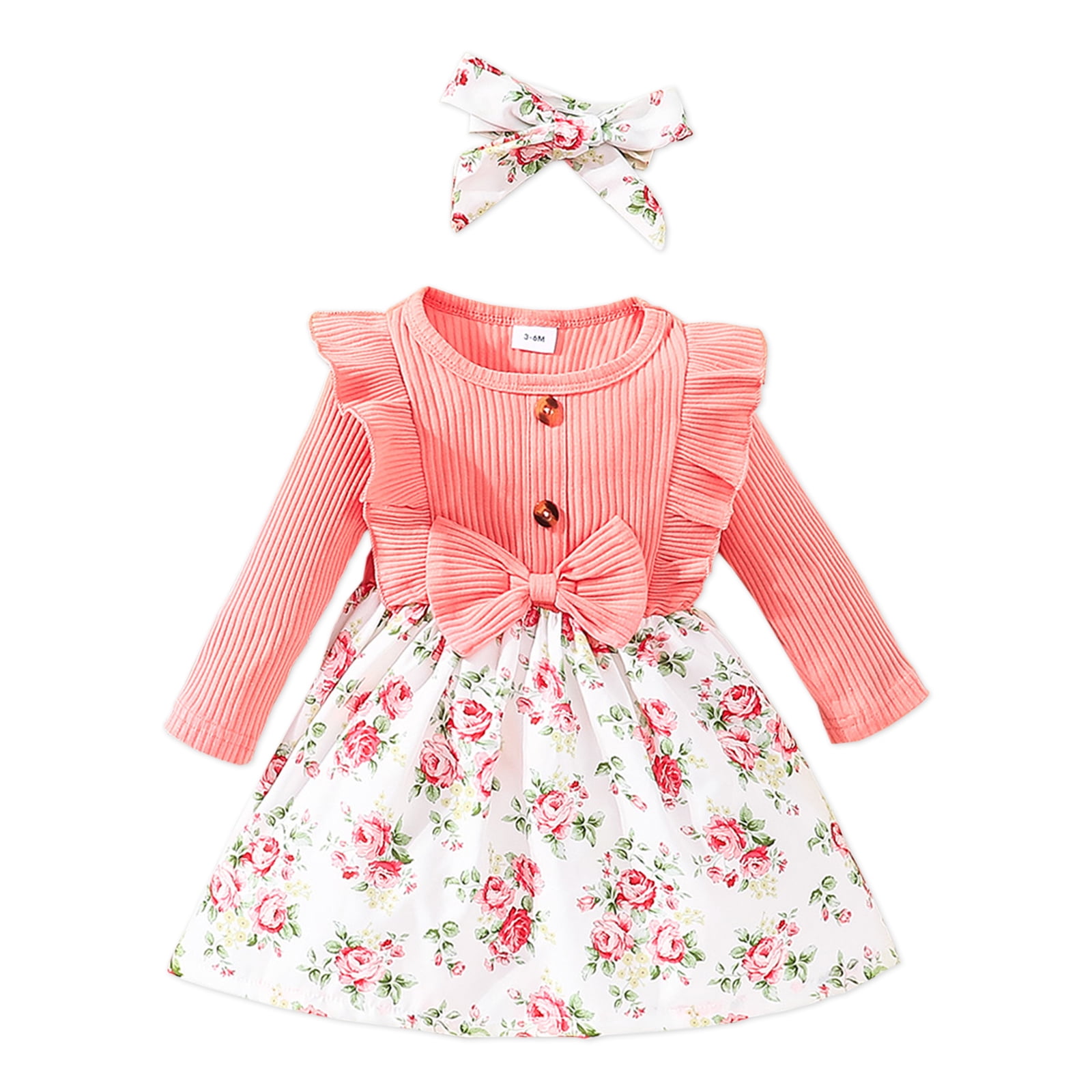 PatPat PatPat Baby Girl Ribbed Ruffle Bowknot Dress with Headband,Infant Long Sleeve Splicing