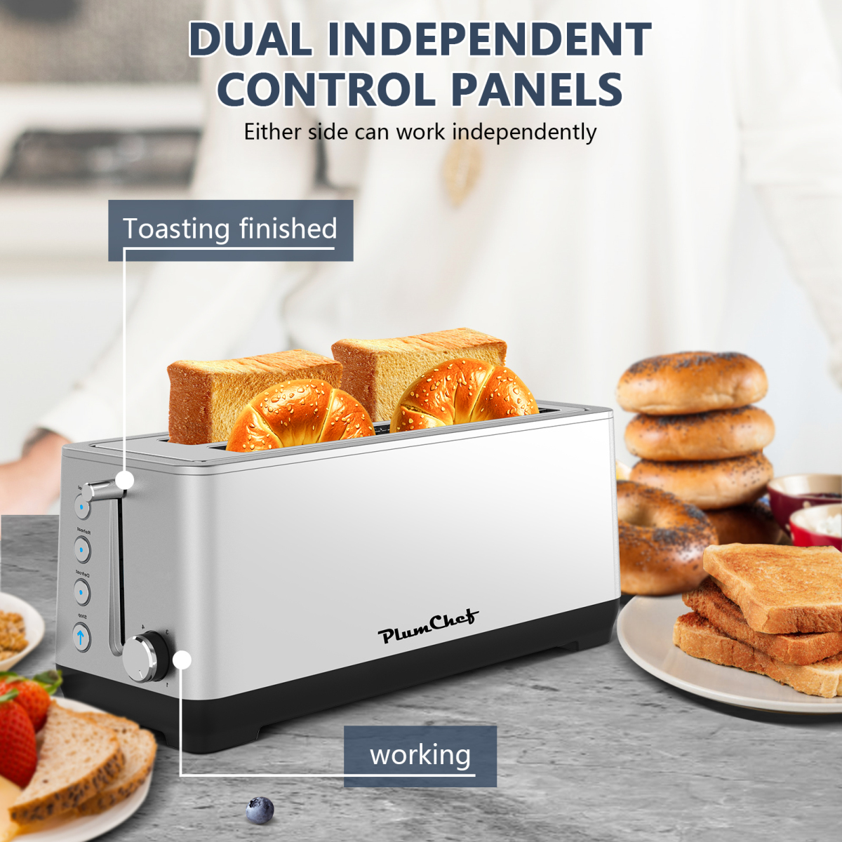 Silver 4-Slice Extra Wide Toaster - 1350W Stainless Steel Warming Rack Crumb Tray, 6 Browning & Bagel/Defrost/Reheat Functions